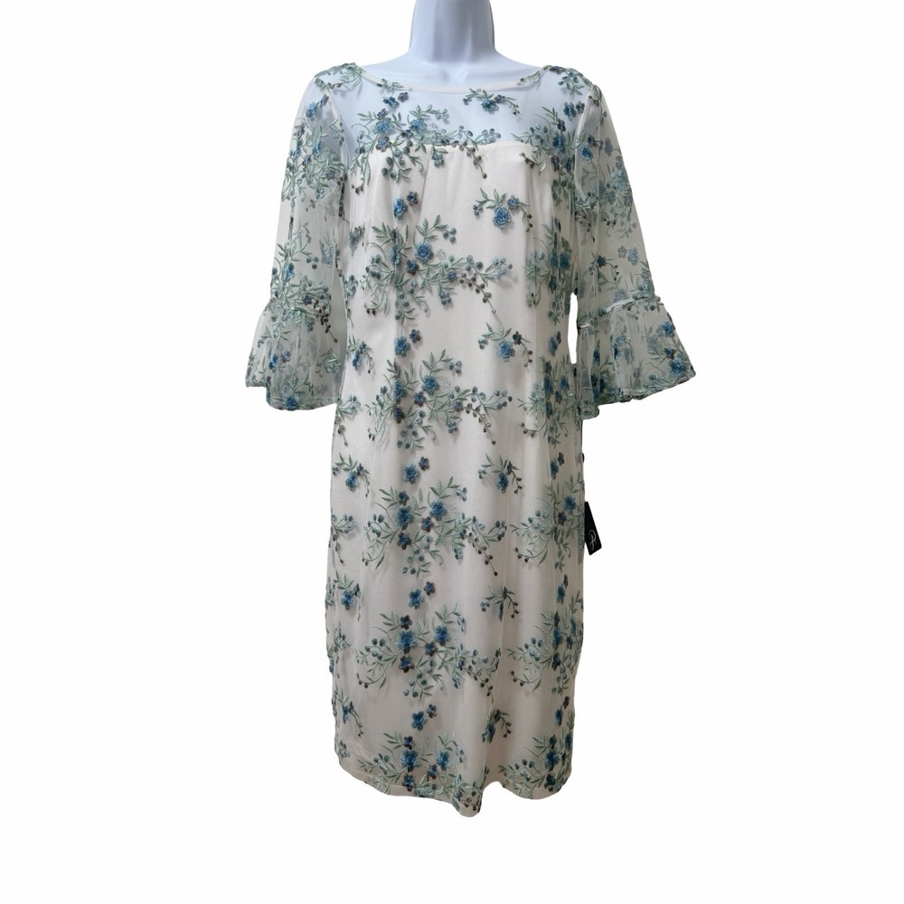 Adrianna Papell Embroidered  Floral Bell‎ Sleeve Sheath Mini Dress Size 6 White